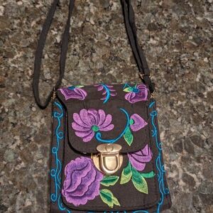 Black and Purple Floral Crossbody Bag with Gold Clasp